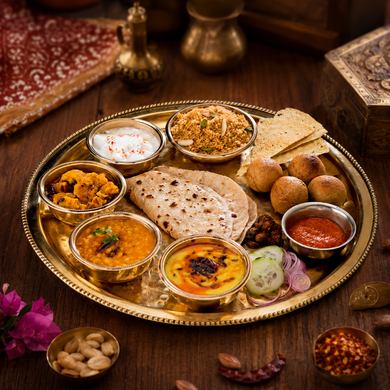 dal-bafla-rajasthani-cuisine-bhopal Authentic Dal Bafla Rajasthani thali featuring dal, bafla, churma, kadhi, vegetables and traditional accompaniments at Utsav Marriage Garden, Bhopal.