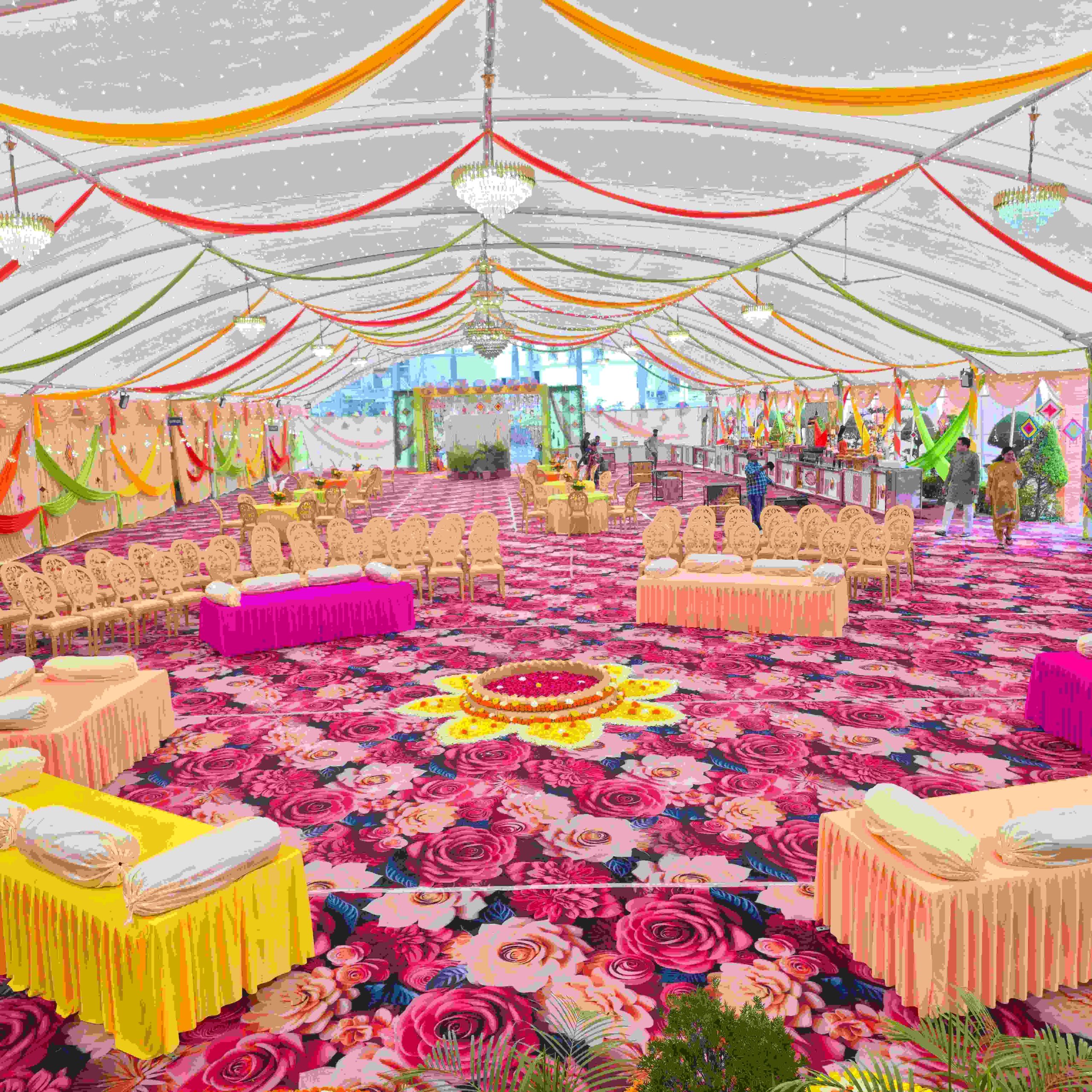 haldi-stage-decoration-bhopal.jpg Haldi stage and seating decoration with flowers in Bhopal